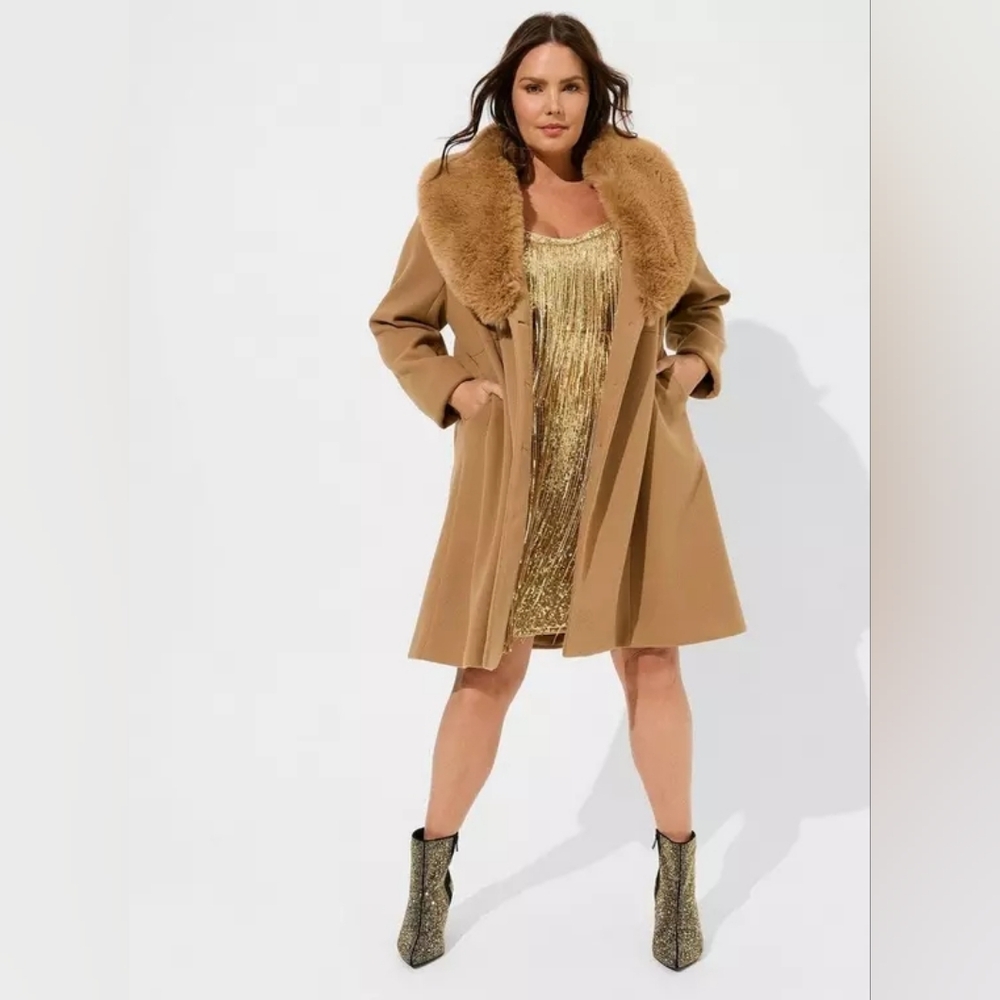 Torrid Camel Mid Length Faux Fur Fit And Flare Coat Size 5X NWT - Picture 6 of 6